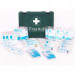 The photograph shows the Blue Dot First Aid Blue Dot HSE Standard 1-50 Person First-Aid Kit, complete with all necessary items for emergency situations. It is compact and organized, with a bright blue color and clearly labeled compartments. Perfect for any workplace or travel situation.