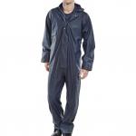 The image shows a set of Beeswift super B-Dri coveralls in navy blue, size XL. The coveralls are made with weatherproof material and feature a hood, long sleeves, and full-length legs. The front has a zipper closure and multiple pockets. The logo of the brand, Beeswift, can be seen on the chest.