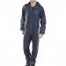 The photo shows a pair of navy blue Beeswift Weatherproof Overalls and Coveralls, size 2XL. The coveralls have the Super B-Dri logo on the chest and feature a zipper front, multiple pockets, and adjustable elastic waist and cuffs. They are designed to protect from the elements and provide all-day comfort for any task.