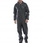 The image shows Beeswift weatherproof overalls and coveralls in a stylish olive green color. The super B-Dri coveralls have a durable and protective design, perfect for outdoor work.