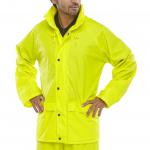 This image features two bright yellow Beeswift weatherproof jackets. The jackets have a Super B-Dri design and are in size 3XL, labeled as Saturn Yellow.