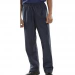 The photo shows a pair of navy blue Beeswift Super B-Dri Trousers in size small. The trousers appear to have a lightweight and waterproof material, with multiple pockets and adjustable waistband. The overall design is sleek and functional.