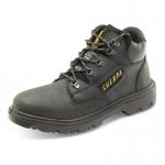 This photograph features a pair of Secor Safety Boots Beeswift Sherpa Dual Density Pu / Rubber Mid Cut Boot in black. The boots are designed with a sleek and durable mid cut, combining comfort with protection. The dual density construction and sturdy rubber outsole provide reliable support and traction.