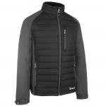 In the photo, a man is wearing a black and grey BeeSwift Flex Workwear Padded Jacket in size XXL. The jacket has a sleek design with a high collar and zippered pockets. The BeeSwift logo can be seen on the chest. The fabric appears durable and warm, perfect for outdoor work.