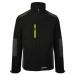 The photograph features a Flex Softshell Jacket in a two-tone black and gray color scheme, available in size XS and S. The jacket has a sleek, modern design with a zipper closure and snug fit. The fabric appears to be lightweight and flexible, making it comfortable for everyday wear.