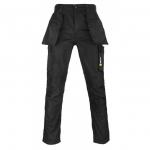 The picture shows a pair of black Beeswift Stretch Workwear Burgos Trousers, size 42S. The trousers have a modern, sleek design with a slim fit and are made of high-quality material. They feature multiple pockets and a stretchy waistband for comfort and practicality.