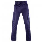 A close-up photo of the Beeswift Stretch Workwear Granada Trouser in navy shows a durable fabric with a slight sheen. The trousers have a mid-rise waist with a button and fly closure, front and back pockets, and straight legs for a professional and comfortable look.