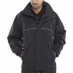 The image shows a black Beeswift Springfield Jacket by Beeswift, in size medium. It features a weatherproof design and is made with high-quality materials. The jacket has a sleek and modern look, with multiple pockets and a comfortable fit.