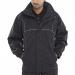 In this photograph, you can see a black Beeswift Springfield jacket in size 3XL with a weatherproof finish. The material is sleek and shiny, and the jacket features a full zipper front and high collar. The jacket has two pockets on the front and is designed to keep you warm and dry on cold, wet days.