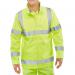 The photo features bright yellow Beeswift High Visibility Jackets, specifically the Soft Shell Lightweight Hi Viz Jacket in Saturn Yellow. The jacket appears to be lightweight and comfortable, with a luminous reflective strip running down the chest and arms.