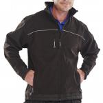In the photo, a black Beeswift soft shell jacket in size 4XL is displayed. The weatherproof material and durable construction are easily visible. The jacket features a zippered front and pockets, as well as a high collar. The Beeswift logo is prominently displayed on the chest.
