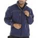 This image shows a navy blue Beeswift soft shell jacket in size 3XL. The jacket is weatherproof and has a sleek and modern design. The brand name, Beeswift, is displayed prominently on the front.