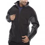 The image features a sleek black and grey Beeswift two tone soft shell jacket, with a button-up front and side pockets. The Beeswift logo is visible on the left chest. A matching vest is also shown, perfect for outdoor activities.