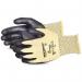 This picture features a black Dexterity Nitrile Coated Glove from Superior Glove. The glove has a cut-resistant string-knit design and a nitrile palm coating for added grip. The size is 11 and the style is SUS13KFGFNT11.