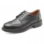 The picture shows a pair of black Beeswift Smart Shoes, specifically the Brogue Shoe S1 variety. These shoes feature a sleek and stylish design with intricate brogue detailing. They have a professional and sophisticated appearance, making them suitable for a variety of occasions.
