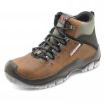 This image features a pair of Secor Safety Boots from Beeswift Traders. The boots are in a deep brown color and are a size 10.5. They have the Traxion design for added grip and support.