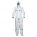 A picture of Tyvek overalls and coveralls with DuPont labeling reveals a sturdy, white material with long sleeves and a full-body design. The overalls also come with a pair of white XXL socks for added protection.