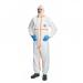 This image shows a white Tyvek disposable workwear coverall with a hood, size M. The material is lightweight and durable, creating a protective barrier for workers. The brand name Dupont Tyvek is featured on the coverall.