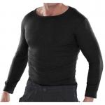 The image shows a black Beeswift thermal vest with long sleeves. The vest is made for warmth and features a sleek design, with the Beeswift logo on the front. The fabric appears to be thick and insulating, perfect for colder weather.