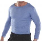 The photo shows a Beeswift long sleeve thermal vest in blue, with a close-up of its textured fabric and intricate stitching. The vest features the Beeswift logo on the chest and is perfect for layering under jackets or worn on its own for added warmth.