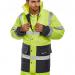 The image shows two Beeswift high visibility jackets, one in Saturn yellow and one in navy. The jackets are two tone and have the Beeswift logo on them. The M size can be seen, and the jackets are specifically designed for traffic visibility.