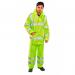 The photograph captures bright yellow Beeswift high visibility clothing, specifically a lightweight En471 En343 suit. The garment features the brands logo and reflective strips for increased visibility. Its sturdy yet comfortable design is perfect for any work or outdoor activity.