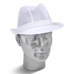 The photograph depicts a stylish white trilby hat by Beeswift Hats. The hat features a structured brim and a subtle ribbon accent around the crown. Perfect for adding a touch of sophistication to any outfit.