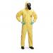 A photo of Tychem Overalls and Coverall in Dupont Tychem 2000 C Yellow S shows a bright yellow protective suit with taped seams, elastic wrists and ankles, and a hood. The material is durable and chemical-resistant, perfect for handling hazardous materials.