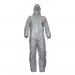 A photo of Tychem Overalls and Coverall Dupont Tychem 6000 F Grey L TYFBSL shows a full-length protective suit in a light grey color. The material is clearly durable and resistant, with noticeable stitching and a front zipper. The suit has a hood and long sleeves, providing complete coverage for the wearer.
