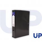 In this photo, you can see a stack of sleek black box files labeled with the brand UP. The files are neatly organized on a shelf, with the recognizable logo stamped on each one. These high-quality box files are perfect for keeping documents and papers organized and protected.