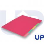 This picture shows an A4 5-part pastel subject divider with the brand name UP on it. The divider has colorful tabs and is placed on top of an index card organizer with the brand name UP Dividers & Indexes on it. The overall color scheme is light and pastel, giving a clean and organized look.