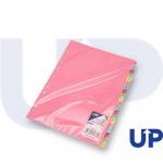 The picture showcases a set of A4 pastel dividers with 20 sections, each labeled with a letter from A-Z. The dividers are neatly stacked on top of each other, with the words UP and Subject Divider printed on the top tab. The pastel colors give a soft and modern touch to the dividers.