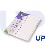 The photo shows UP numbered dividers with white clear tabs, ranging from 1-10. The tabs are neatly labeled and the dividers are organized in chronological order. The crisp white color adds a clean and professional touch.