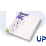 The picture shows a set of UP A-Z dividers with clear tabs. Each divider is labeled with a letter of the alphabet, from A to Z, and there are 20 dividers in total. The tabs are a crisp, white color and the dividers are neatly stacked on top of each other.