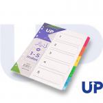 The photo features a set of UP numbered dividers, specifically UP index white tabs 1-5. The tabs are multicoloured, giving them a vibrant appearance. Each tab is neatly labeled with its corresponding number and stands out against the white background. The dividers are organized and ready to be used for organization and categorization purposes.