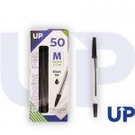 This photograph shows a set of UP ballpoint pens in medium black ink. The pens have sleek, lightweight bodies and smooth, retractable tips. The packaging displays 50 pens neatly arranged in rows, ready for use in any writing task.