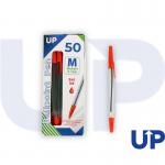 The image is of a red UP Ballpoint Pen with a medium tip. The pen has a sleek design and a comfortable grip. The pack contains 50 pens, ready for all your writing needs.