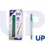 This photo features a set of UP Ballpoint Pens in a vibrant green color. The pens have a medium size point and come in a pack of 50. The pens are neatly arranged and ready to be used for all your writing needs.