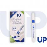 The photo shows a set of 10 UP Whiteboard Pens with a chisel tip, in the color blue. The markers are in their original packaging, with clear labeling and branding. The shiny appearance of the pens suggests a high-quality product.