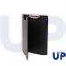 This picture shows a set of 10 fold-over black PVC clipboards from UP. Each clipboard is in the standard A4 size and is designed with a sleek and professional appearance. The clipboards have a durable construction and provide a convenient writing surface for quick note-taking and organization.