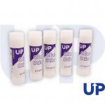The image shows a 20g UP Glue Stick Medium (9) from UP Glues & Adhesives. The glue stick is white in color with a clear plastic cap on one end. The packaging features the brand name and product information in bold font. The glue stick is in a standing position on a white background. The stick appears smooth and solid, ready to be used for any adhesive needs.