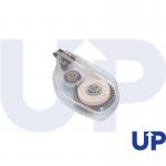 The UP correction roller features a sleek design with a thin, cylindrical shape. Its bright white surface is interrupted by a single, bold black stripe running down the center. The roller is positioned midway on the page, making it easily accessible for precise corrections.