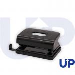 This photo shows two black hole punches, one medium-sized and the other a 2-hole punch. Both are manufactured by UP and are in good condition.