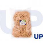 The image shows a package of rubber bands with the label UP Rubber Bands Size 19 on it. The package contains 454g of rubber bands, which are black in color. The bands are neatly arranged and the package is sealed. The background is a light gray color.