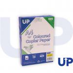 The image shows a pack of 500 sheets of UP Coloured A4 Copier Paper 70GSM in Bright Yellow. The paper appears to be smooth and crisp, with a bright and vibrant yellow hue. The packaging is simple and clean, with the brand name boldly displayed. Perfect for adding a pop of color to any project.