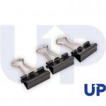 The photograph shows a collection of 10 UP clips, each measuring 19mm wide. The clips are foldback style and appear to be made of sturdy metal. They are a neutral color and have a smooth, shiny finish. The clips are neatly stacked and arranged in the photo.