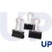 The picture shows a stack of 10 identical, silver-colored clips. Each clip has a width of 25mm and can be folded back for convenient use. In bold letters, the brand name UP is written on the top of the clip.