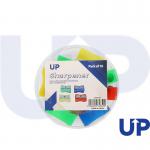 This image features 10 UP single hole plastic pencil sharpeners in assorted colors, each with a sharp blade and easy-to-empty shavings compartment. The compact design allows for easy sharpening on the go and the UP logo is prominently displayed on each sharpener.