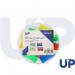 This image features 10 UP single hole plastic pencil sharpeners in assorted colors, each with a sharp blade and easy-to-empty shavings compartment. The compact design allows for easy sharpening on the go and the UP logo is prominently displayed on each sharpener.