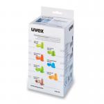 A photograph of Uvex Ear Protection Uvex Hi Com uncorded dispenser re-fill box would show a white, rectangular box with the Uvex logo on the front. The box contains individually packaged uncorded ear plugs in clear packaging, with the Uvex logo and product information printed on each package. The dispenser box would have a hinged lid and a small opening for dispensing the ear plugs.